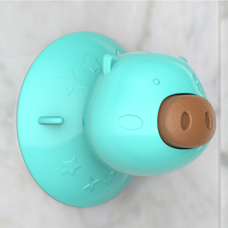 Interactive dog bathing toy attached to a bathroom wall with a dog enjoying its treat, promoting a fun and relaxed bath experience.